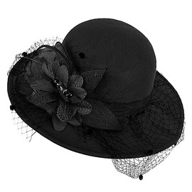 Women Wide Brim Fascinator Hat Vintage Felt Veil Winter Kentucky Derby Wedding Party Hat, black