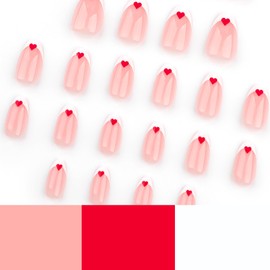 24Pcs Valentine's Press on Nails Almond French Tip Fake Nails Red Heart Acrylic Nails Pink Full Cover Nails Press ons with Red Heart Love Designs Glue on Nails Artificial Stick on Nails for Women