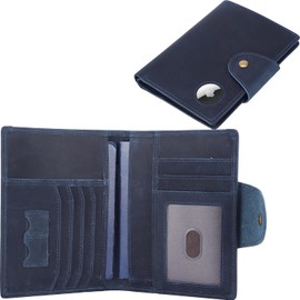 STAR VISTA Carmen Leather Passport Wallet, Dual Bifold Cash Pockets, RFID Blocking, ID Window, 6 Card Slots, Coin Pocket, SIM Slots, AirTag Slots, Navy Blue