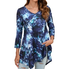 Enmain Tunics Top UK 3/4 Sleeve Navy Blue Tunic Tops for Women Long Sleeve Baggy Casual Ladies Blouse Longshirt Plus Size for Spring Summer 3XL