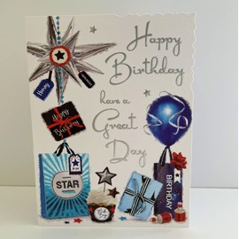 Jonny Javelin Happy Birthday Have A Great Day Card - Presents Balloons