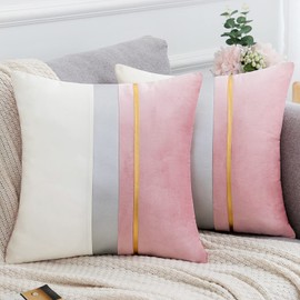 Set of 2 Velvet Pink Cushion Covers with Gold Striped Leather Throw Pillow Cases 20x20 Modern Luxury Decorative Throw Pillowcases for Sofa Bed Living Room, 50cm x 50cm