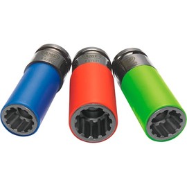 AME INTL 3 Piece SplinePlus Socket Set, 17mm, 19mm, 21mm,Blue, Red, Green,67800
