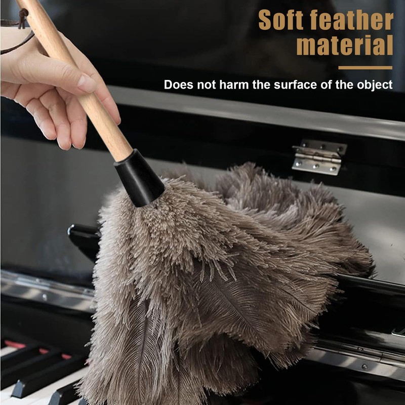 Ostrich Feather Duster, Household Dust Removal Tool with Wooden Handle,