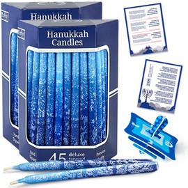 2-PK Premium Dripless Hanukkah Candles Multi Blues Frosted Thin Tapered Chanukah Candle Set of 45 Enough for Eight Nights of Hanukah Includes a DIY Dreidel, Prayer Card with Chanukah Song Aviv Judaica