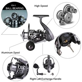 Sougayilang Fishing Reel 13+1BB Light Weight Ultra Smooth Aluminum Spinning Fishing Reel with Free Spare Spool-XY4000