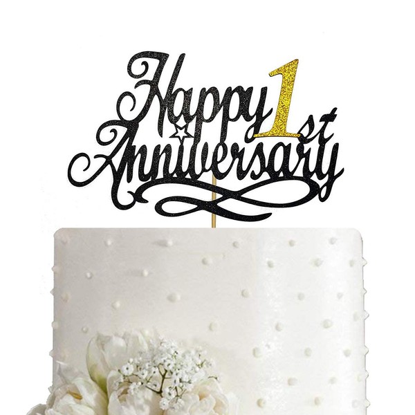 Happy 1st Anniversary Cake Topper, 1st Wedding Anniversary, Company 1st Anniversary, 1st / First Birthday Party Decoration, Double-sided Black Glitter
