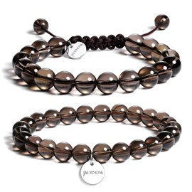 JADENOVA 8/10mm Natural Smoky Quartz Gemstone Bracelets Round Beads Stretch Bracelet Adjustable Beaded Bracelet Couple Distance Bracelets Unisex (2pcs Bracelet Set)