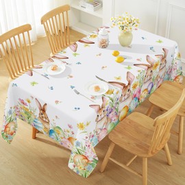 SASTYBALE Easter Tablecloth Rectangle 52 x 70 Inch Bunny Rabbit Eggs Watercolor Rabbits Table Cloth Washable Table Cover for Spring Party Picnic Dinner Decor, Colorful