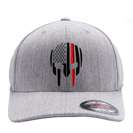 Custom Thin RED LINE - Thin Blue LINE Spartan Helmet Cap. Embroidered. 6477 Flex Baseball Hat (L/XL, Heather Grey)