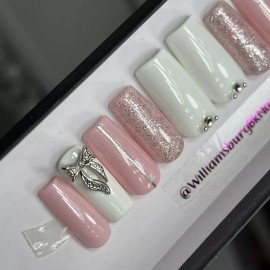 Handmade  CUSTOM Gel Press On Nails, Pink BOW W/ Bling 10p set FULL SET W Kit