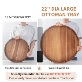 Decent Vrvege Extra Large Round Ottoman Coffee Table Tray, 22" Big Kitchen Serving Trays for Huge Ottoman Counter Giant Decorative Organizer, Huge Wood Serveware Tray with Built-in Handle for Big Job