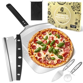 Perforated Pizza Peel Aluminum 12 Inch Pizza Paddle Spatula Non-stick Metal Pizza Paddle with Rocker Cutter (12"x 16") Pizza Spatula Paddle with Storage Bag for Homemade Baking Pizza Oven Accessories