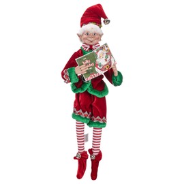 RAZ Imports Posable Christmas Elf, 16" Tall, Red and Green Velvet Outfit with Santa Book, 2019 Reindeer Games Holiday Collection