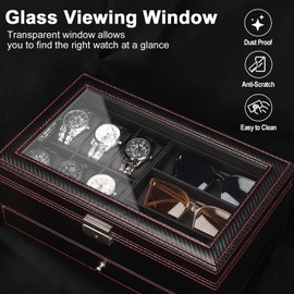 Watch Box, Leather Mens Jewelry Box With 6 Slot Watch Case & 3 Slot Sunglasses Organizer, 2 Layers Lockable Watch Holder Organizer With Glass Lid For Earrings, Rings, Bracelets, Gifts for Men