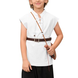 Haloumoning Boys Renaissance Pirate Sleeveless T Shirts Kids Viking Medieval Lace-up Shirt Scottish Costume Tank Tops, White