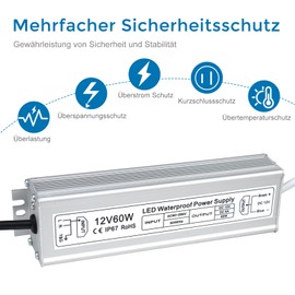 inShareplus LED Transformer 12 V 5 A 60 W IP67 Waterproof Outdoor Driver, AC 90-265 V to DC 12 Volt Low Voltage Transformer, 12 V Power Supply for LED Light, Computer Project, Outdoor Use