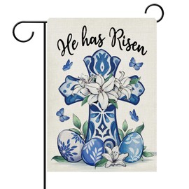 Dyrenson Christian Easter Cross Chinoiserie Decorative Garden Flag, Religious He Has Risen Blue and White Porcelain Yard Outside Home Decorations, Spring Egg Outdoor Small Decor Double Sided 12 x 18