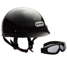 MMG Half Open Face Helmet Motorcycle Cruiser Classic DOT - Goggles Included. (Glossy Black, M)