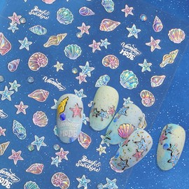 5D Glitter Beach Nail Stickers for Women, Shell Light Starfish Conches Seashells Summer Nail Art Stickers 5D Embossed Nail Decals Self Adhesive Ocean Sticker Nails Design Summer Nails Supplies
