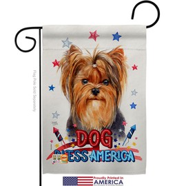Breeze Decor Patriotic Yorkie Garden Flag Set with Stand Animals Dog Puppy Spoiled Paw Canine Fur Pet Nature Farm Animal Creature Small Decorative Gift Yard House Banner Made in USA 13 X 18.5