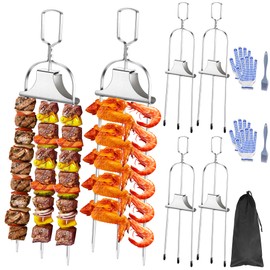 6PCS Kabob Skewers for Grilling, 14'' Stainless Steel 3-prong Metal Kebab Grill Skewers with Push Bar Slider, Skewer Sticks for Meat Veggies Shrimp Marshmallows Fruits, BBQ Barbecue Accessories