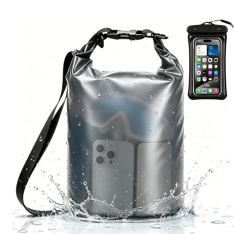 Bolsa Seca Impermeable Deportes Acuáticos con Funda Celular (Negro, 5L)