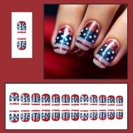 24Pcs 4th of July Press on Nails Short Square Fake Nails with Glitter Designs American Flag Stick on Nails Holiday False Nails Star Patriotic Acrylic Nails Independence Day Glue on Nails for Women