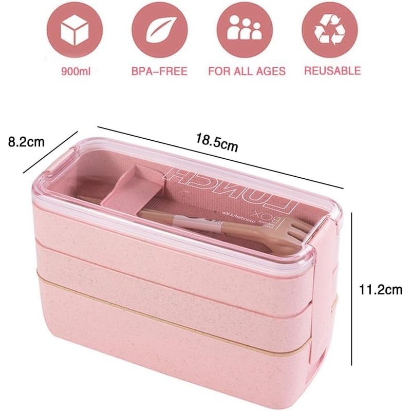 STR-Eco-Friendly Compact Bento Lunch Box Set with Spoon, 3-in-1 Compartment