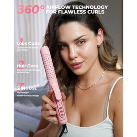 Mooqlizz Airflow Styler Curling Iron, Hair Straightener and Curler 2 in 1 with 360°Cooling Vents Dual Voltage Adjustable Temp, Rose Pink