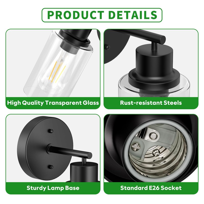 Phaosio 2-Pack Black Bathroom Wall Sconces, Modern Vanity Light Fixtures