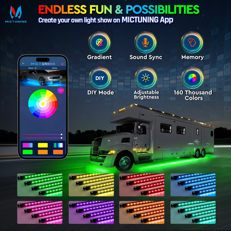 MICTUNING 8PCS RGBW Underglow Light Bars, Exterior Neon Accent Underbody