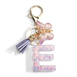 Keyring with Letter, Butterfly Pendant, Tassel Sequins, Women Keyring Gift, Girls Birthday Gift, Purple, E, Unit size