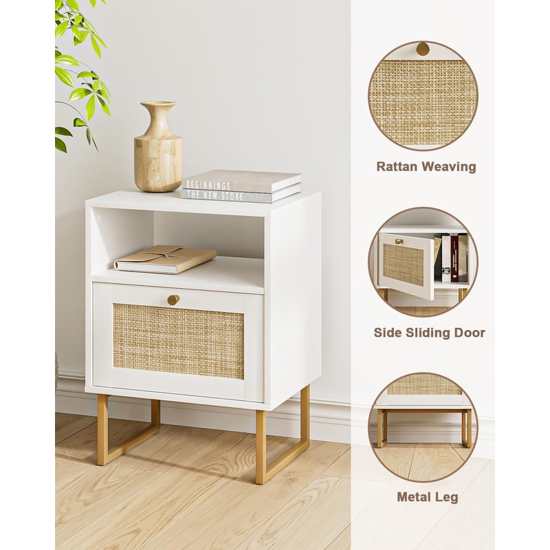 Apetaccat Rattan Nightstand, Boho Night Stand Farmhouse Wood Bedside Table