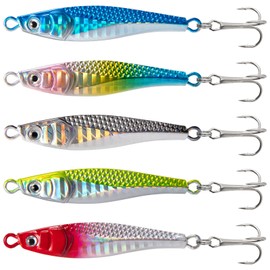 Alwonder 5pcs Sea Fishing Lure 21g/7cm Casting Jig Set with Feather Colorful Laser Metal Sea Fishing Spoons Treble Hooks Lure for Bass Trout Pike Perch Fishing Sea Fishing Lure Set Long Casting
