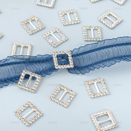 AUEAR, 50 Pack 15mm Christmas Square Rhinestone Slide Buckles Invitation Ribbon Slider Belt Craft for DIY Wedding Supply Gift Wrap (Silver)