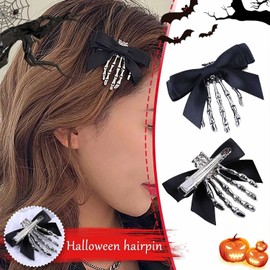 2Pcs Skeleton Hand Hair Clips with Bowknot - Cute Skull Claw Hairpins for Girls, Party Cosplay (Black, One size)