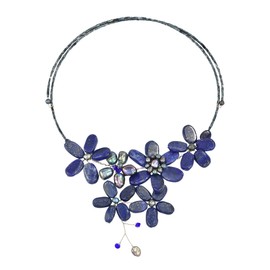Simulated Blue Lapis-Lazuli and Cultured Freshwater Black Pearl Floral Choker Necklace