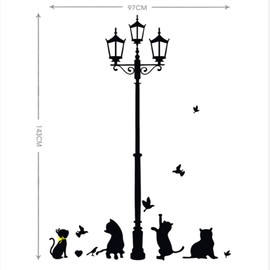 Condessacity Wall Sticker, Stylish, Streetlight, Black, Monotone, Cat Wall Sticker, Cute, Cat Catching, Wall Sticker, Removable Wallpaper, Stylish, Living Room, Rental, Bedroom, Children's Room,