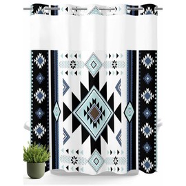 Teamery No Hook Waterproof Shower Curtain, Blue Curtain Liner Set, Western Southwest Native American Indian See-Through Top & Double Layers Fabric Shower Curtains for Bathroom Decor, 72x72 Inch