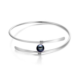 POPLYKE Black Freshwater Pearl Bangle Bracelet for Women 925 Sterling Silver Adjustable Wedding Jewelry Gift for Mom Bridesmaids