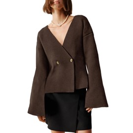 Saodimallsu Womens V Neck Cardigans Long Bell Sleeve Button Down Open Front Loose Knit Fall Sweater Blazer Coffee