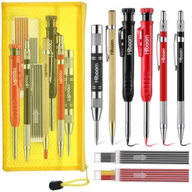 Hiboom 10 Pack Carpenter Pencil Set with Sharpener, Mechanical Carpenter Pencils 36 Refills, Storage Bag, Automatic Center Punch and Carbide Scribe Tool, Heavy Duty Construction Pencil for Architect