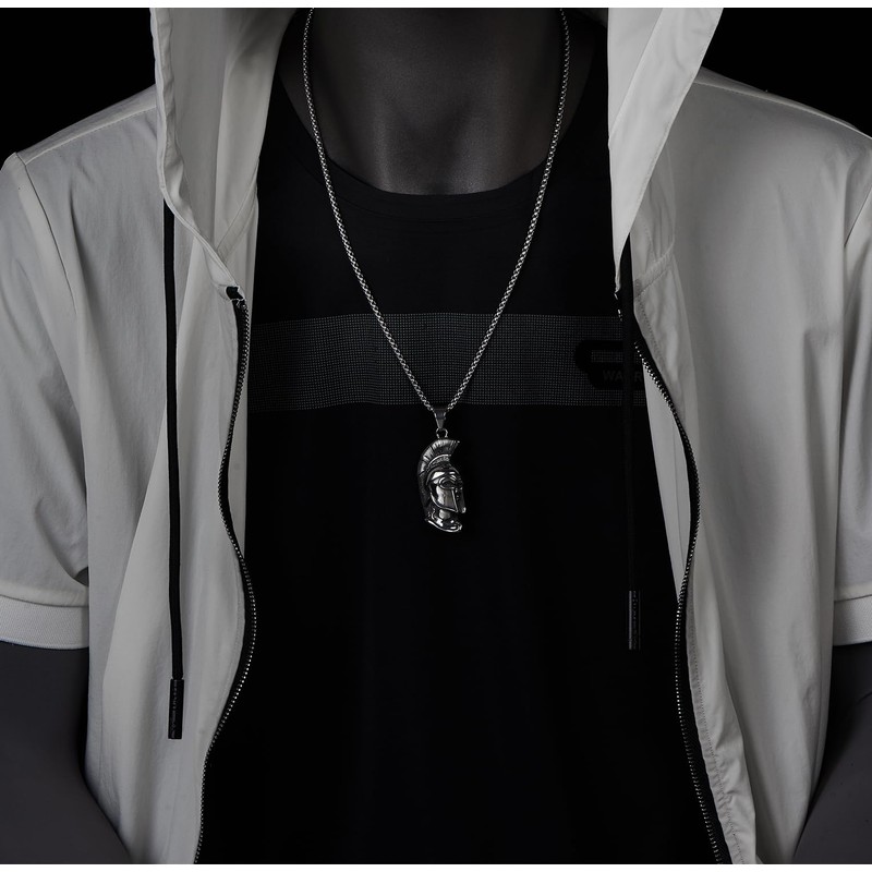Spartan Warrior Helmet Necklace for Men, Steel Greek Soldier Pendant