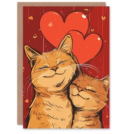 Artery8 Valentine's Day Card Cute Ginger Tabby Couple Love Heart Cat Lover Blank Arty Art All Occasion Greeting Card