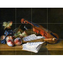 Still Life with A Violin Recorder Books Music Peaches Grapes by Jean-Baptiste Oudry Tile Mural Kitchen Bathroom Wall Backsplash Behind Stove Range Sink Splashback 4x3 4.25" Ceramic, Glossy