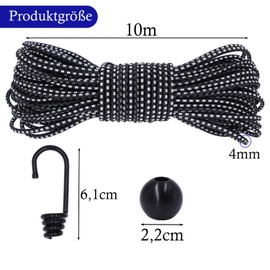 BYZANDQI Rubber Cord, 4 mm, 10 m, Highly Elastic Expander Rope, Rubber Cord, DIY with Hooks, Balls Accessories, Tarpaulin Rope, Rubber Cord, Tension Rope, Rubber Band, Black