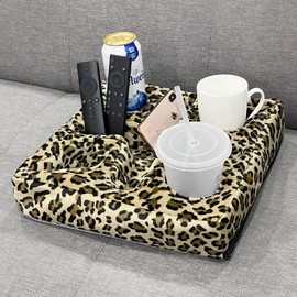 Couch and Bed Cup Holder Pillow, Sofa Refreshment Tray for Drinks/Remote Control/Snacks Holder (Leopard)