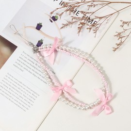 Reownest Phone Charm Bracelet - Cute Bowknot Chain Pearl Beaded Aesthetic Universal Cell Phone Lanyard Wrist Strap Keychain Accessories for Bag Camera Pendants Decor -Pink + White