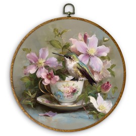 DILSJ Vintage Hummingbird Round Oval Wall Art Decor, Country Flower Bird Canvas Wall Art Framed, Watercolor Hummingbird Hanging Decorations for Home Bedroom Living Room Decor, 10x10 Inch